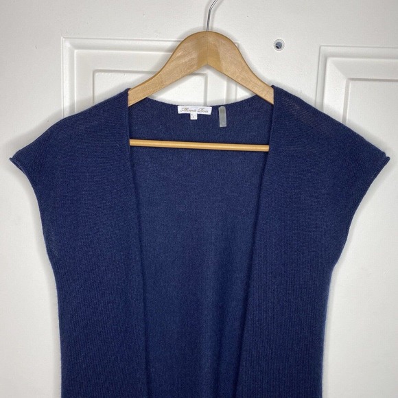 100% Cashmere Sleeveless Open Cardigan Sweater Large Navy Blue Minnie Rose - Picture 2 of 11